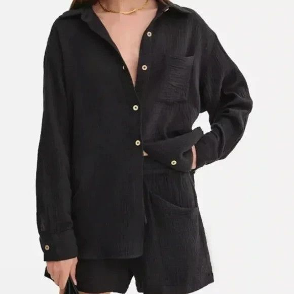 MATE The Label 100% Organic Cotton Gauze Button Down Shirt BLACK SZ L NWOT - Picture 1 of 6